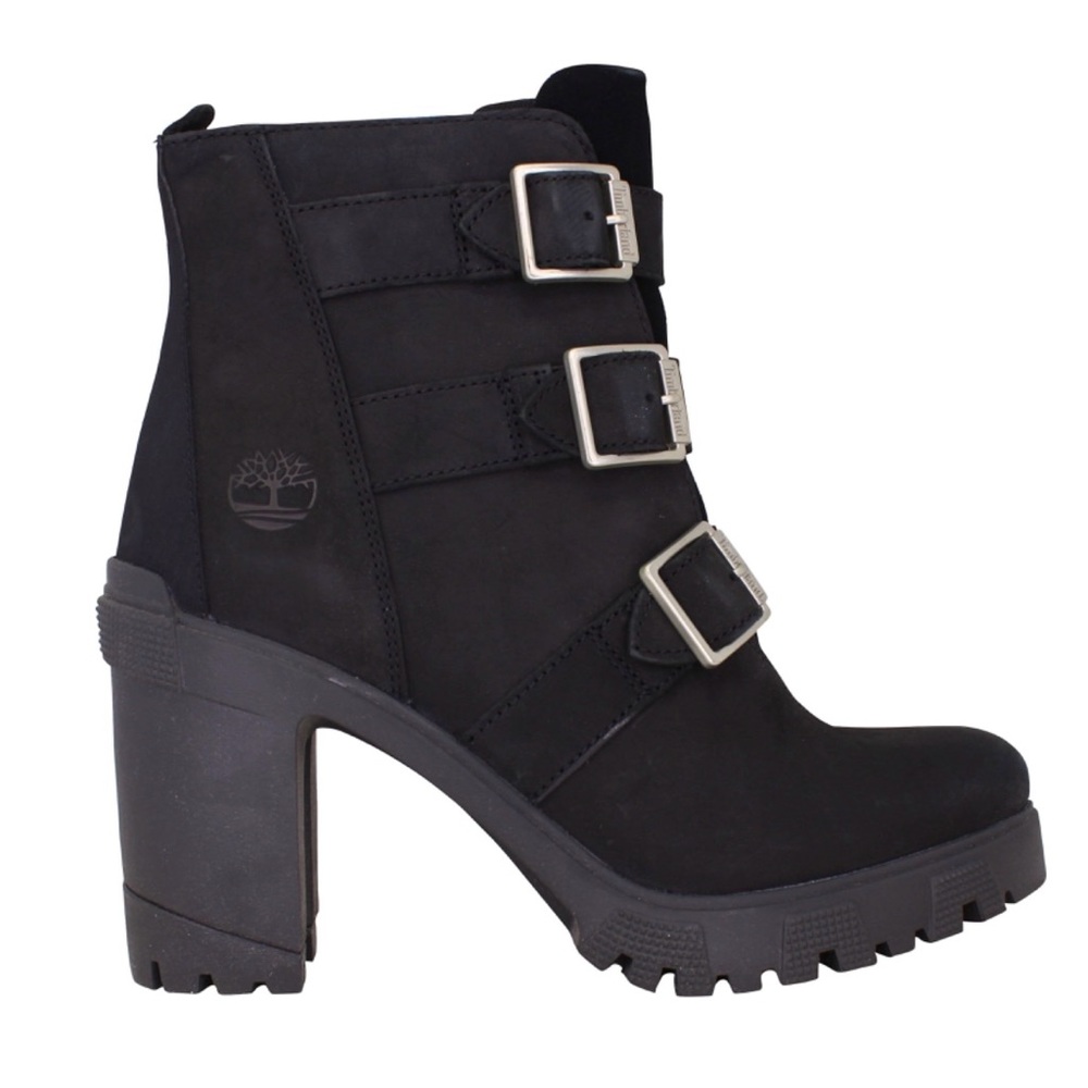 NIB Timberland Lug Boot Black Lana Point Block Heel Women's 9 Leather 4in heel
